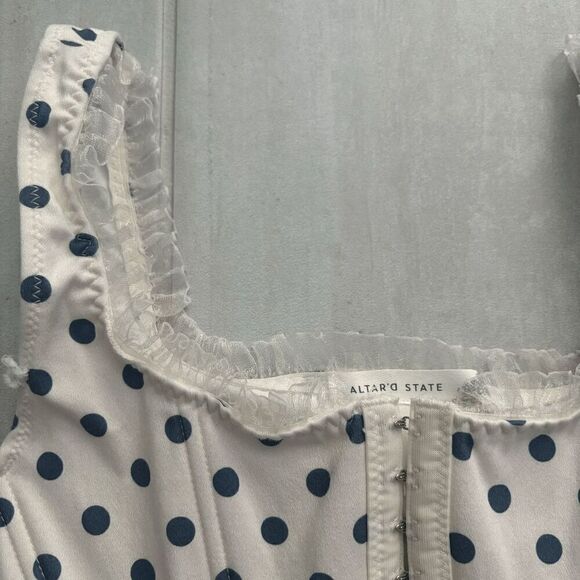 Altar'd State Corset Top Crop Tank Polka Dot Small White Blue Ruffled Coquette S - Picture 2 of 6